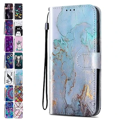 Abbildung von Lederhülle für Samsung Galaxy A14 4G 5G Hülle Muster Gold Blauer Marmor Handyhülle Flip Case Cover Schutzhülle mit Kartenfach Handytasche Mädchen Damen