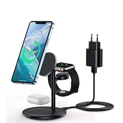 Abbildung von 3 in 1 induktive Ladestation für Apple Geräte Kompatibel mit Mag Safe Ladegerät für, iWatch Ultra/8/7/SE/6/5/4/3,AirPods,15W iPhone 15/14/13/12 Pro Max/Plus/Pro/Mini, kabellose Ladepad Ladeständer