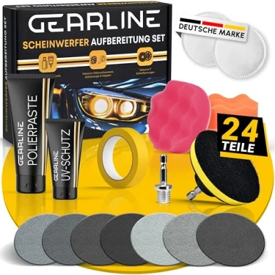 Abbildung von GEARLINE® Scheinwerfer Aufbereitung Set [24 Teile] Polierset für matte &amp; blinde Inkl. UV Schutz, Polierpaste, Adapter 14 Schleifscheiben Auto zur