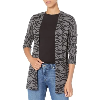 Abbildung von Amazon Essentials Damen Leichte Strickjacke, Vorne Offen (Erhältlich In Übergröße), Dunkelgrau Tigeraufdruck, L