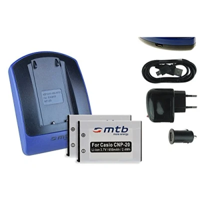 Abbildung von 2 Akkus + Ladegerät (Netz+Kfz+USB) für NP 20 / Casio EX M1 M2 S1 S2 S3 S23 S100 S600 BenQ T800 X835... s. Liste