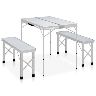 Abbildung von vidaXL Campingtisch Klappbar mit 2 Sitzbänken Gartenbank Bank Sitzgruppe Koffertisch Gartentisch Klapptisch Picknicktisch Aluminium Weiß