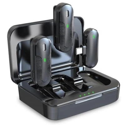 Abbildung von Technaxx Dual Wireless Mini Mikrofon Set TX 301 2 kabellose Lavalier Mikrofone mit intelligenter Geräuschunterdrückung, USB C Empfänger, Ladeetui, Ansteckclip Ideal für Podcasting &amp; Aufnahmen