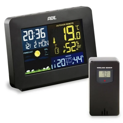 Abbildung von ADE Wetterstation Funk mit Außensensor, Vorhersage Funkwetterstation (mit animierter Wettervorhersage, Innen und Außenhygrometer)