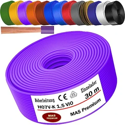Abbildung von MAS Premium Von 5 bis 100m Aderleitung H07 V K 1x1,5 mm² SW, HBL, GNGE, GN, RT, DBL, BR, OR, GR, WS, VIO, U MAR.BL oder GE Einzelader flexibel (Violett, 30m)