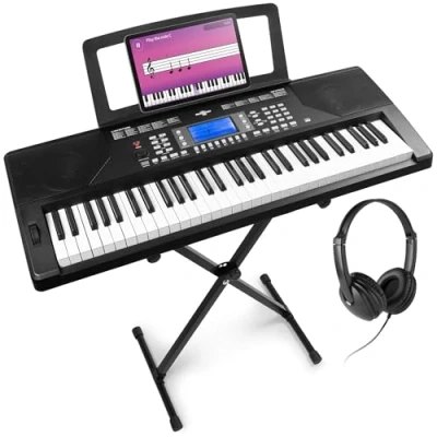 Abbildung von MAX Rhapsody61P MIDI Keyboard Piano mit 61 Tasten und Pitch Wheel, Ständer Kopfhörer, Anschlagdynamik, LCD Display, Lern Funktion, 8h Akku, 40 Demosongs für Anfänger, 300 Sounds