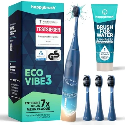 Abbildung von happybrush [Testsieger*] Elektrische Schallzahnbürste ECO VIBE 3 Ocean Zahnbürste mit 6 Wochen Power Akku inkl. Aufsteckbürsten und BrushforWater Zahnpasta Blau