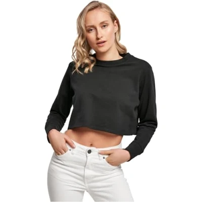 Abbildung von Build Your Brand Damen Ladies Terry Cropped Crew Pullover Sweater, Schwarz, S EU
