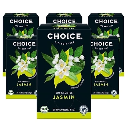 Abbildung von CHOICE Jasmin, Bio Grüntee, Blumig und Duftend, Handverlesen, 6x20 Teebeutel (120 Beutel insgesamt)