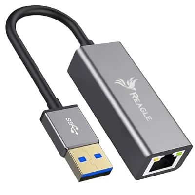Abbildung von Reagle USB A auf Ethernet Adapter, Gigabit Netzwerkadapter, SuperSpeed 3.2 Gen 1, 1000 Mb/s, Plug &amp; Play, Aluminiumgehäuse, LED Anzeigen, Kompatibel mit Windows/Mac/Linux, 13cm Kabel