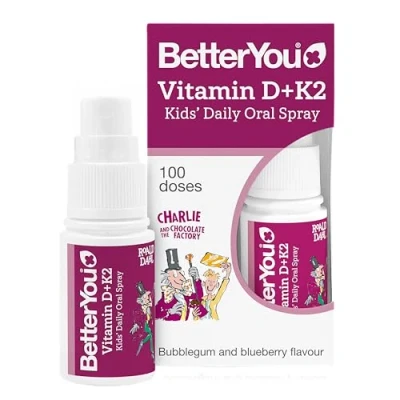 Abbildung von BetterYou Vitamin D+K2 Kid&#039;s Daily Oral Spray, Bubblegum &amp; Blueberry 15 ml.