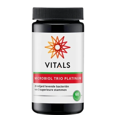 Abbildung von Vitals Microbiol Trio Platinum 60 Kapseln. Probiotikum mit sehr hoher Dosis: 15 Milliarden lebende Bakterien von 3 bekannten Stämmen (Lactobacillus rhamnosus GG). kommen lebend an.