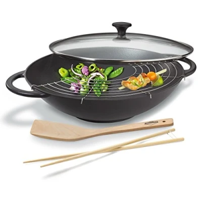 Abbildung von Küchenprofi Wok Set Gusseisen mit Glasdeckel , Ø 36,5 cm Authentisches asiatisches Kocherlebnis Hohe Wärmespeicherung Pfanne Induktionsgeeignet Glasdeckel, Abtropfgitter und Wender