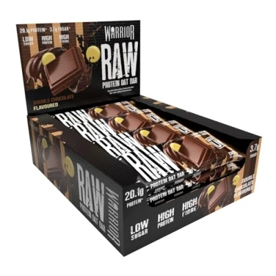 Abbildung von Warrior Raw Protein Riegel Flapjack (20 g) 12 x 75 g zuckerarmer, ballaststoffreicher Mahlzeitenersatz gesunder Frühstücks Hafer Snack für Energie und Muskelwachstum (Doppelte Schokolade)