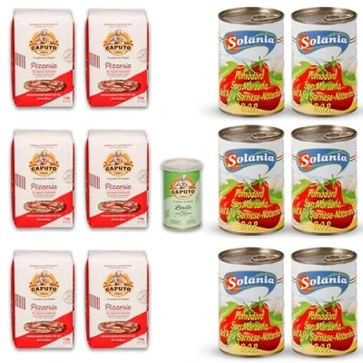 Abbildung von DELICRET PIZZA NEAPEL Original Zutaten 6x1 kg Caputo Pizzeria Pizzamehl 1x 100g Trockenhefe 6x 400g San Marzano Tomaten Dosen +NEAPOLITANISCHE REZEPTE