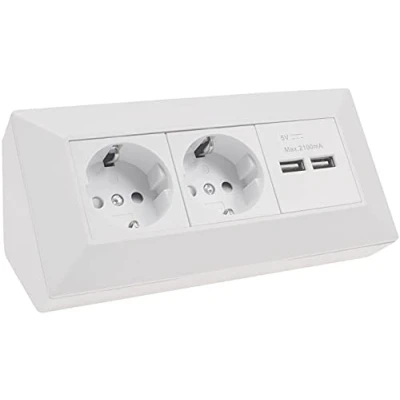 Abbildung von ChiliTec Steckdosenblock Ecksteckdose 2 Fach Steckdose 230V 2X USB A 3,1A Aufbau Unterbau Montage für Küche Büro Werkstatt Matt Weiß