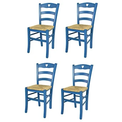 Abbildung von t m c s Tommychairs 4er Set Stühle Cuore für Küche und Esszimmer, Robuste Struktur aus Buchenholz, in Anilinfarbe Blau lackiert Sitzfläche Stroh