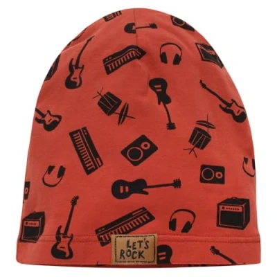 Abbildung von Pinokio dünne Beanie Mütze Lets Rock, rot Musikmuster Jungen, Gr 47 53(51)