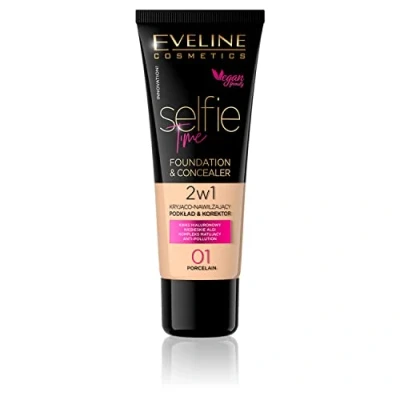 Abbildung von Eveline Cosmetics Selfie Time Deckende und feuchtigkeitsspendende Foundation Concealer 2in1, 30 ml, Nr. 01 Porcelain