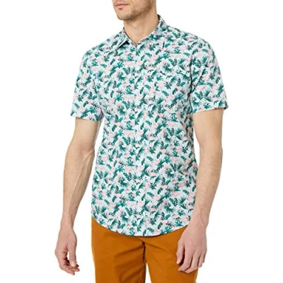 Abbildung von Amazon Essentials Herren Kurzärmeliges Druckhemd, Schmale Passform, Blau Flamingo, XXL