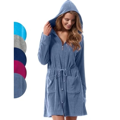 Abbildung von Morgenstern Bademantel Damen kurz Reißverschluss und Kapuze Blau Badejacke klein S Baumwolle Frauen weich frottee zipp leicht