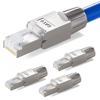 Abbildung von HB DIGITAL 4x CAT 8 RJ45 Stecker Netzwerkstecker für starre LAN Kabel Verlegekabel Ethernet werkzeuglos LSA 40 Gbit/s AWG 22 26 vollgeschirmt STP 50μ vergoldete Kontakte