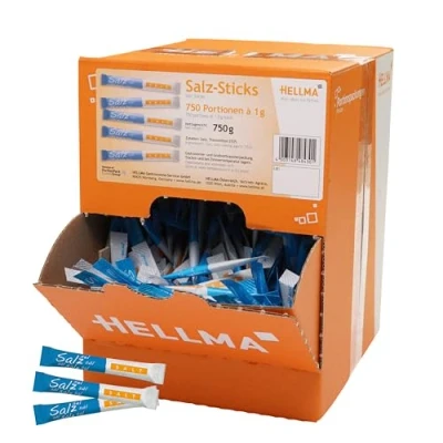 Abbildung von Hellma Speise Salz Sticks 750 Stk. je 1 g in Vorrats Box Salztütchen einzeln verpackt, für Cafés und Gastronomie