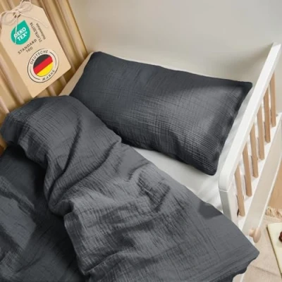 Abbildung von Laleni Kinderbettwäsche 100x135 cm aus Baumwolle Musselin Bettwäsche Kinder 100 x 135 + Kissenbezug 40x60 Oeko TEX zert. Baby Anthrazit