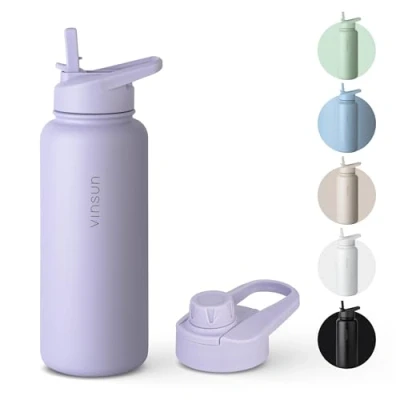 Abbildung von Vinsun Trinkflasche Edelstahl 1l mit 2 Deckeln, Wasserflasche isoliert, BPA frei, auslaufsicher, bruchsicher, Geruchs und Geschmacksneutral