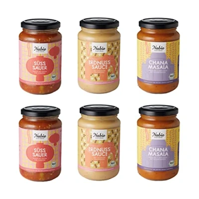 Abbildung von NABIO Sechs vegane Asia Saucen in drei Sorten, 2x Chana Masala, Erdnuss Sauce, Süß Sauer Sauce.
