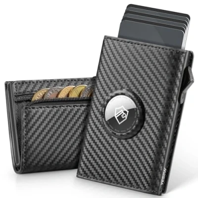 Abbildung von YESIIW Geldbeutel Airtag mit Große Kapazität &amp; Super Kompakt, Pop up Wallet Magnetverschluss, Portmonee Herren 7 Kartenfächer Münzfach, Geldbörse RFID Schutz