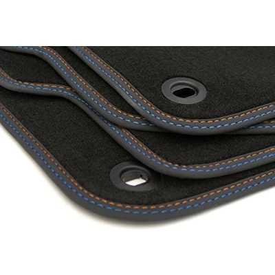 Abbildung von kh Teile Fußmatten passend Polo 9N Cross GTI Premium Velours Automatten Autoteppich 4 teilig schwarz Nubuk Doppelnaht Orange Blau