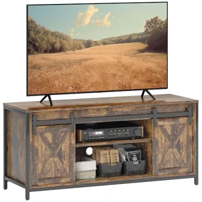 Abbildung von HOMCOM TV Lowboard Fernsehtisch Schrank mit Schiebtür Fernsehschrank im Industrial Design zu 60 Zoll Kommode Regal Stahl Braun+Schwarz 120 x 40 54 cm