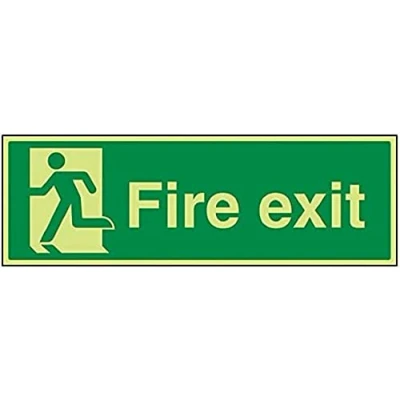 Abbildung von VSafety Notausgangsschild „Fire Exit“, leuchtet in der Dunkelheit, mit Mann auf linker Seite, Hartplastik, 600 x 200 mm