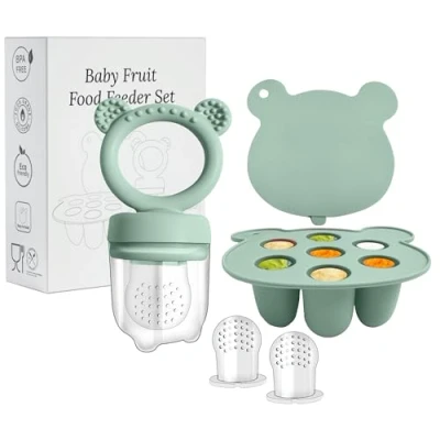 Abbildung von Baby Fruit Food Feeder &amp; Mini Freezer Nibble Tray Combo, Breastmilk Popsicle Molds for Cooling Relief, BPA Free Silicone Safe Infant Self Feeding, 4 Month+ (Green)