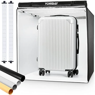 Abbildung von Yorbay Fotohintergrund Fotostudio Set 80 x 80cm LED Lichtbox Lichtwürfel Fotografie, Lichtzelt inkl. 4 PVC Hintergrundfolien(schwarz,rein weiß,grau,orange)