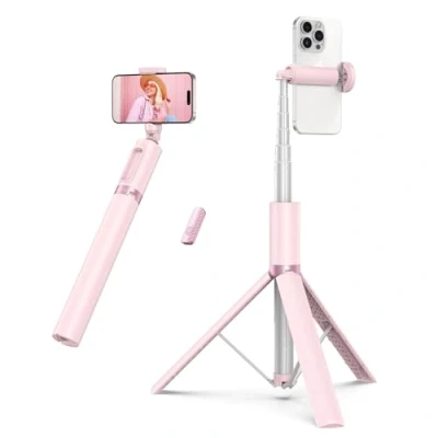 Abbildung von ATUMTEK Bluetooth 140CM Selfie Stick Stativ Ausziehbares All in One Telefonstativ aus Aluminium mit Kabelloser Fernbedienung um 360 Drehbar für iPhone 14/13 Mini/12 Pro/XS Max Samsung Rosa