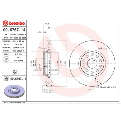 Abbildung von BREMBO COATED DISC LINE 09.6767.11 Bremsscheibe 281 26 5 innenbelüftet beschichtet ALFA ROMEO: 166, LANCIA: Kappa Limousine