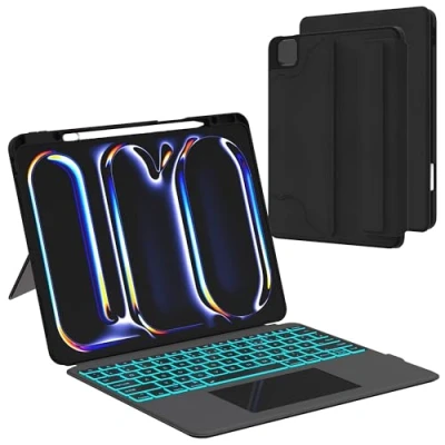 Abbildung von Tastatur Hülle für iPad Pro 13 Zoll M4 2024 7 Farbige Beleuchtung Abnehmbare Touchpad Magnetisch Tablet Cover mit Stifthalter Beleuchtete Deutsches QWERTZ Layout Schwarz