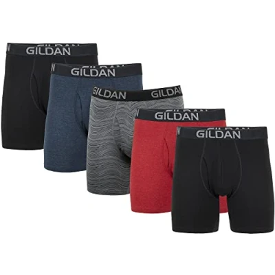 Abbildung von Gildan Herren Cotton Stretch Boxer Brief, Multipack Retroshorts, Schwarz/Heather Navy/Stripe/Heather Red (5er Pack, normales Bein), Large