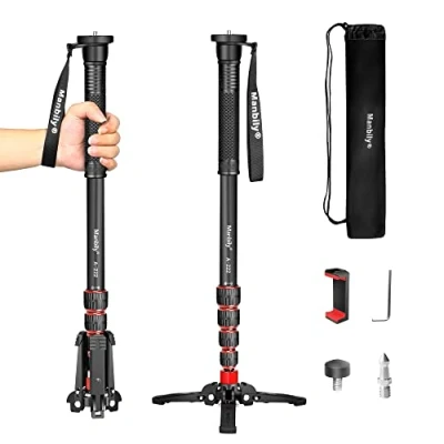 Abbildung von Manbily ausziehbares Kamera Einbeinstativ aus Aluminium mit Füßen, tragbarer Reise und abnehmbarer Stativfuß für DSLR Canon/Sony/Handy, 5 Abschnitte bis zu 170 cm, maximale Belastung 15,5 lbs (A 222)