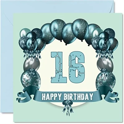 Abbildung von Lustige Geburtstagskarte zum 16. Geburtstag für Jungen Geburtstagsballons Happy Birthday Karte Sohn, Neffe, Nichte, Schwester, Cousin, Bruder, Enkelin, Tochter, Enkel, 145 mm x