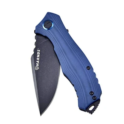 Abbildung von Harnds Maverick Klappmesser mit Flipper Assist, 88 mm D2 Stahlklinge rutschfestem G10 Griff und abnehmbarem Clip Klingenarretierung (Blau+Satin)