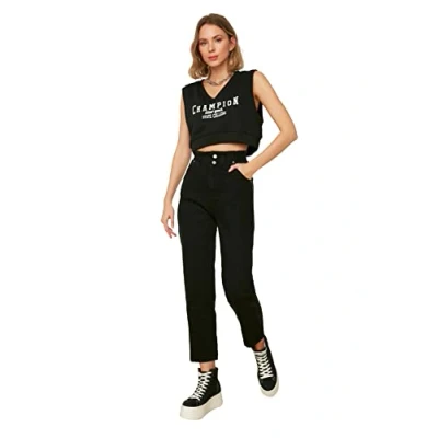 Abbildung von TRENDYOL Damen Zwarte taille, gedetailleerde hoge moederjeans Jeans, Schwarz, 44 EU