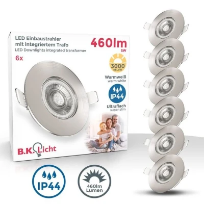 Abbildung von B.K.Licht LED Einbaustrahler Bad Einbauleuchten 6er Set Ultra Flach 25mm BKL1278, fest integriert, Warmweiß, Ø90mm Matt Nickel 6 x 5W 6x 460 Lumen 3.000K IP44 Badspots Deckenspots