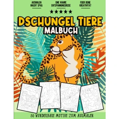 Abbildung von Dschungel Tiere Malbuch: Wunderbares und Entspannendes Safari Malbuch für Jugendliche, Mädchen, Kinder, Senioren Erwachsene 50 Malvorlagen von ... Jaguare, Flusspferde Frösche zum Ausmalen