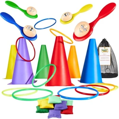 Abbildung von KreativeKraft Outdoor Spiele für Kinder Set Kindergeburtstag Draußen Party Wurfspiele Gartenspiele Eierlauf Spiel Sackhüpfen Ringe (4 in 1 Set)