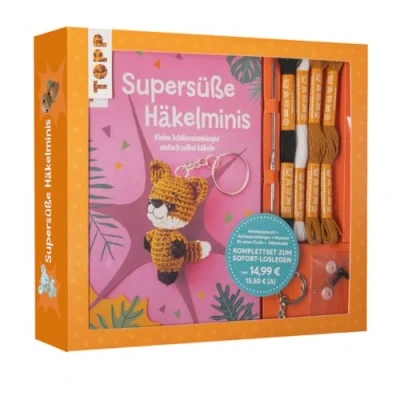 Abbildung von Kreativ Set Supersüße Häkelminis. Anleitungsbuch + Material: Buch (32 S., DIN A5, Softcover), Baumwollgarn (3 Farben), Häkelnadel 1,25mm, Füllwatte (100% Polyester), Sicherheitsaugen, Schlüsselring