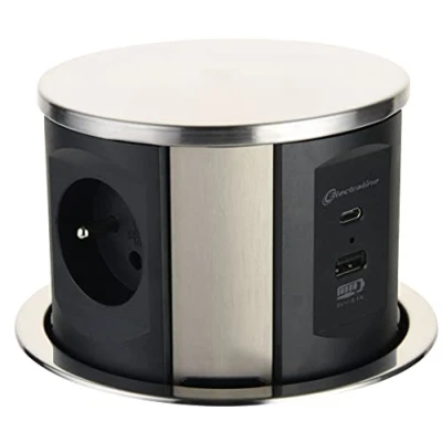 Abbildung von Electraline 35446 Steckdosenleiste, versenkbar, Arbeitsplatte mit 3 16 A, französischer Standard + 2 3,1 A 1 USB Typ C 15,5 W, Einbausteckdose für Küche, Durchmesser 120 mm, m, schwarz, vertikal