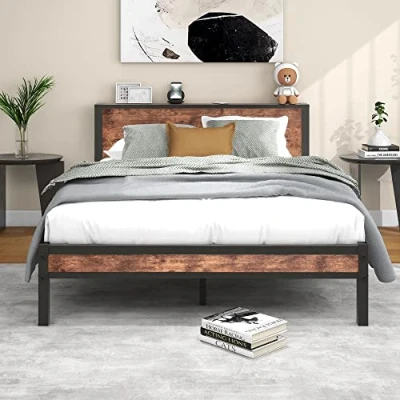 Abbildung von Diahomy Kingsize Bettgestell aus Metall, Plattformbettrahmen für King Size Betten mit Kopfteil Holz, Matratzenuntergestell, Stauraum unter dem Bett, kein Boxspringbett nötig, Braun, 208 x 150 cm